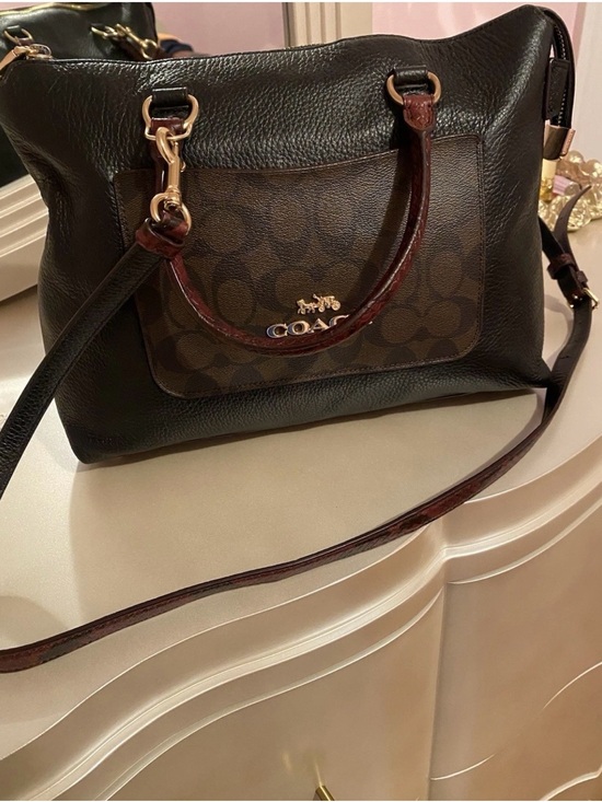 Coach Handbags - Coach Black Leather Shoulder Bag with Signature Brown Pocket and Gold Hardware